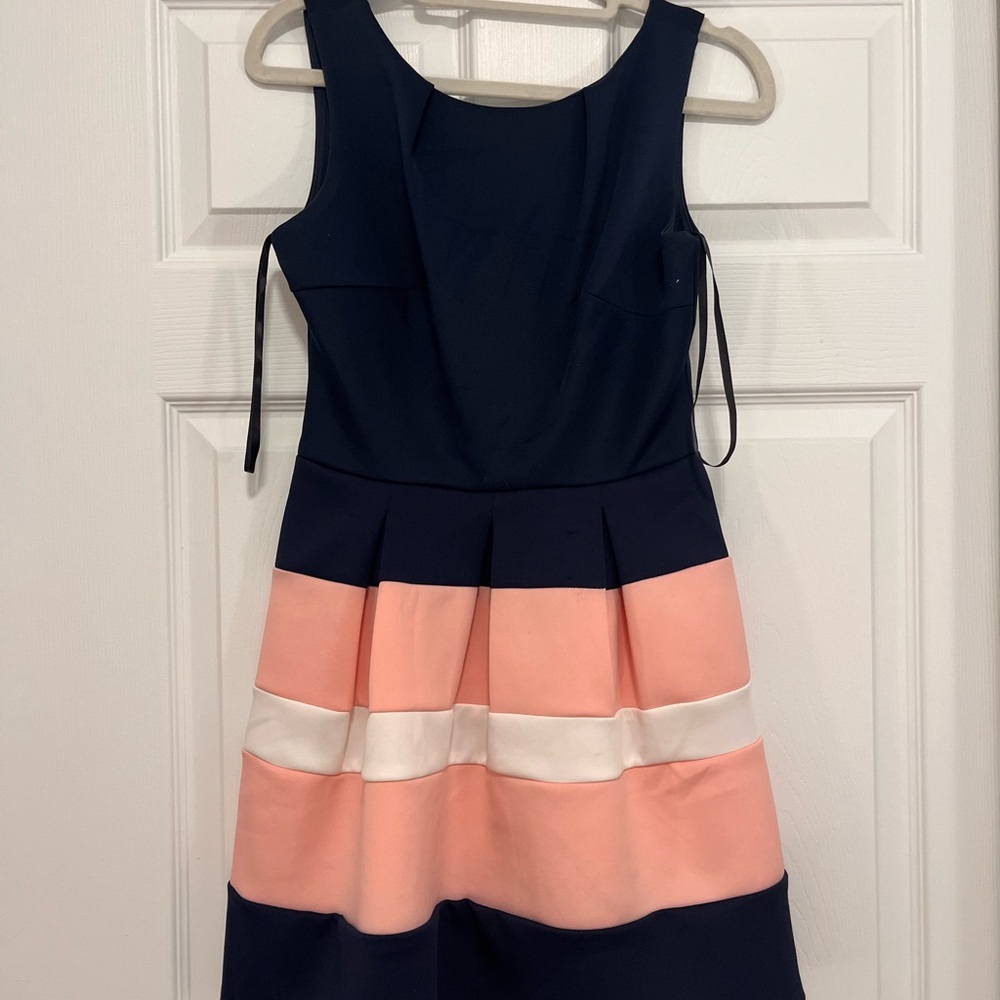 B. Darlin Juniors size 3/4 Dress - Sleeveless Navy and Pink Striped Pleats